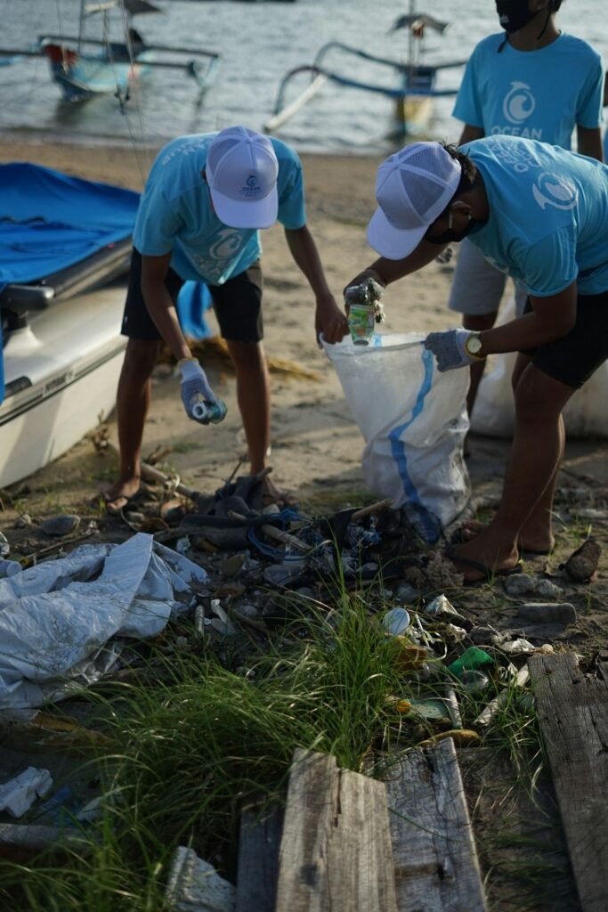 Volunteers cleaning a coastal area, collecting plastic waste to protect marine life.